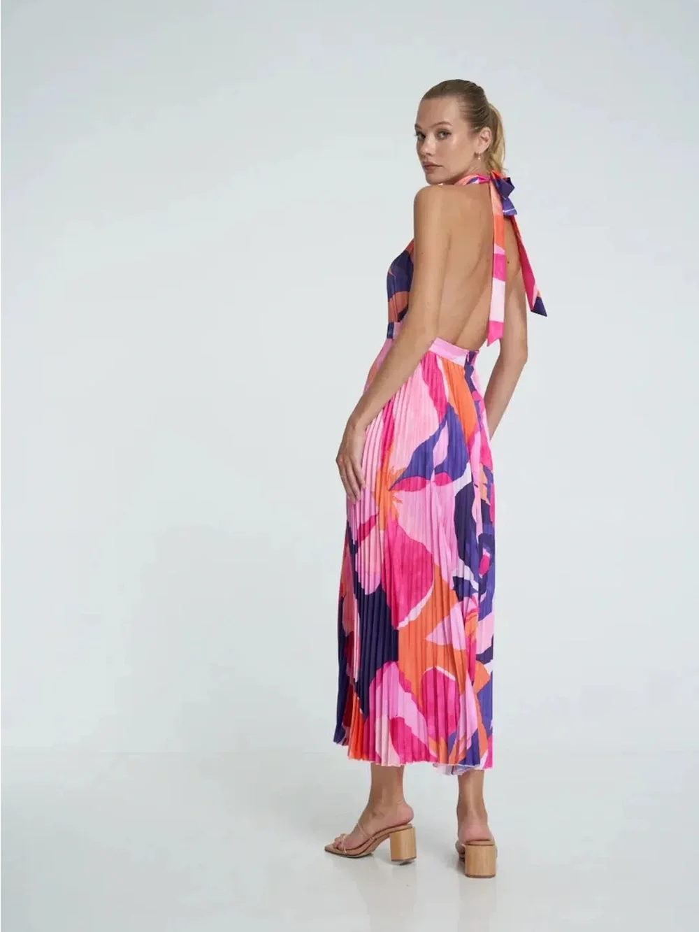 REVOLVE Halter Pleated Midi Dress in Pink, Orange & Navy Abstract Print